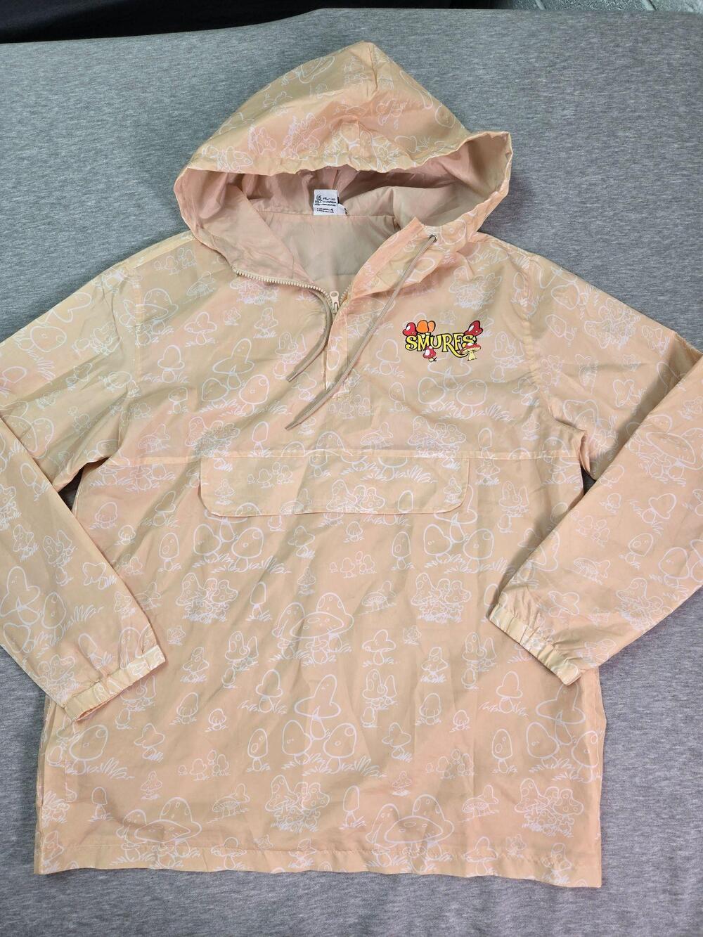 The Smurfs Jacket Mens Large Orange Hooded Anorak 1/4 Zip Graphic Cartoon